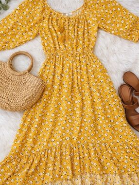 Boho Mustard Floral Midi Dress | Smocked Waist | Cottagecore / Country Chic 🌼